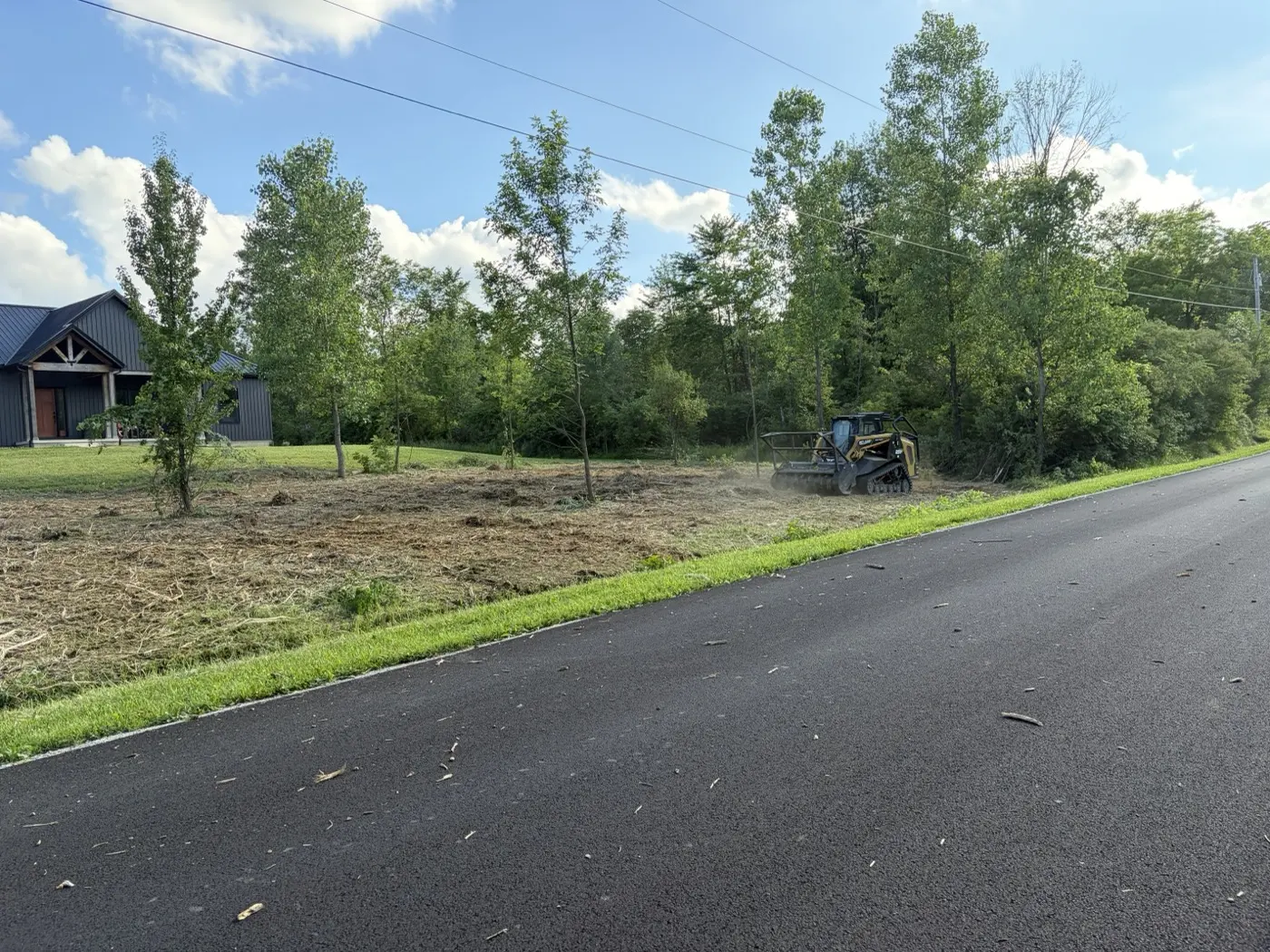 Forestry mulcher working an overgrown treeline along a rural road