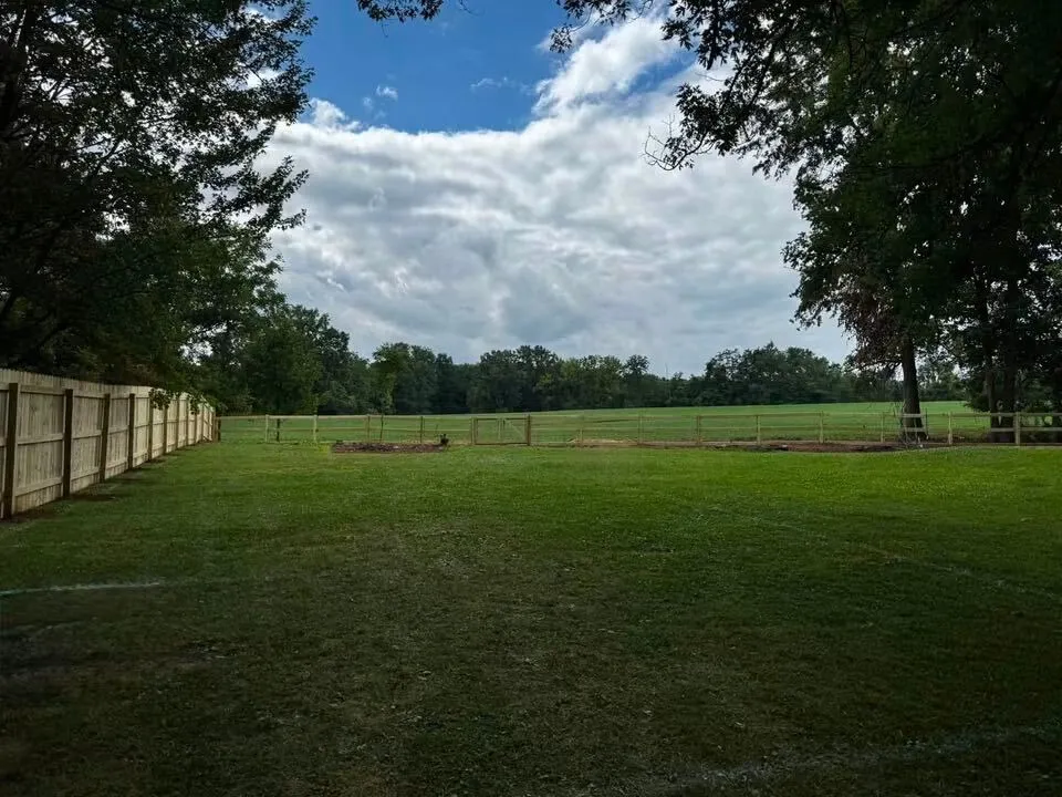 The same backyard after clearing, open to the field beyond the back fence line