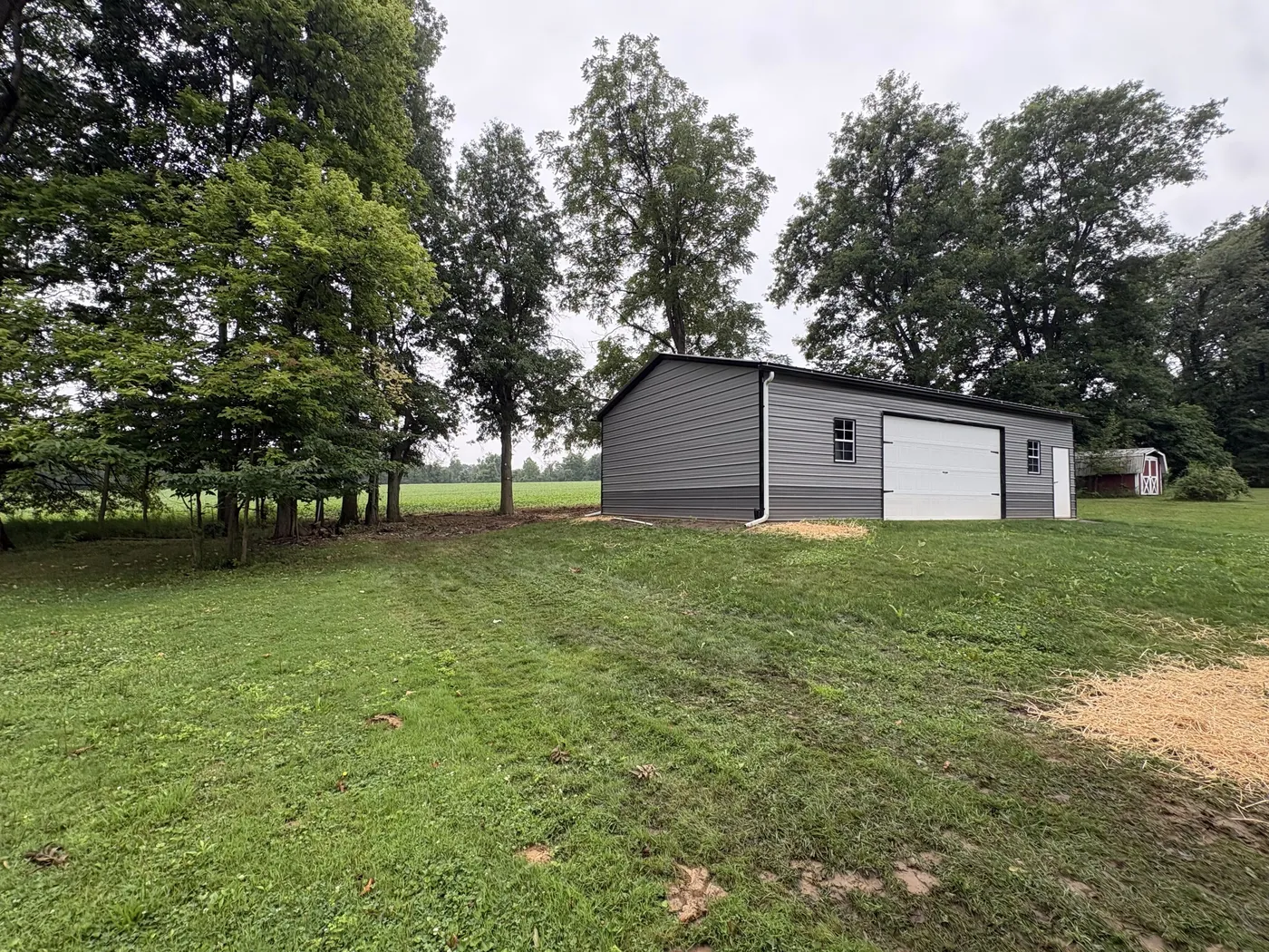 Pole barn with the treeline behind it cleared, open field visible through the kept trees