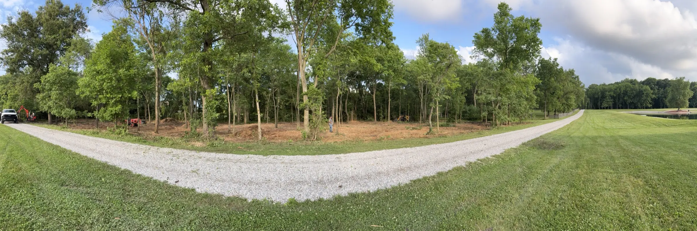 Panorama of the same treeline after mulching, opened up along the gravel lane